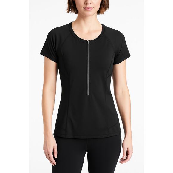 Athleta Women’s Black Short Sleeve Zip Front Pacifica Top Size Large - Picture 1 of 4